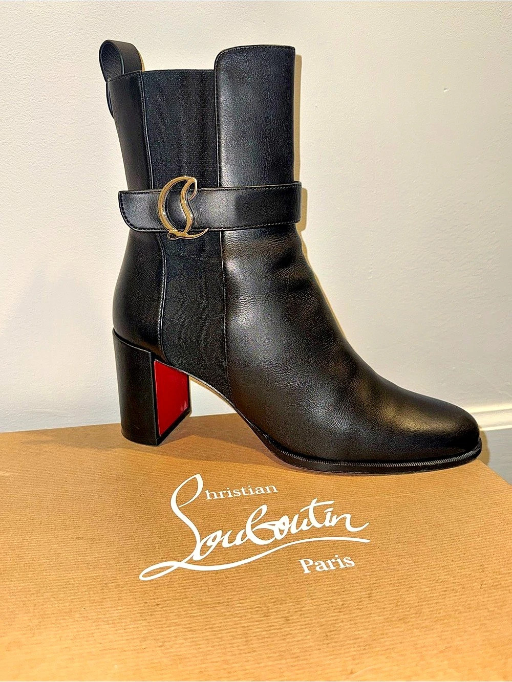Christian Louboutin CL Chelsea Booty 70 Black & Red Heeled Ankle Boots EU 40.5